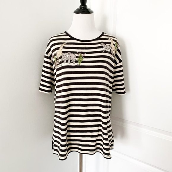 VINTAGE Karen Scott Black and Cream Stripe Zoo Animal Short Sleeve Shirt Size XL - Picture 2 of 4